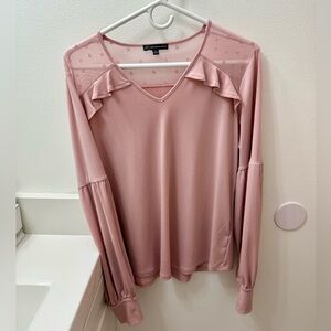 Pre-owned ADRIANNA PAPELL Pink Hearts Long Sleeve Ruffle Blouse Size Medium